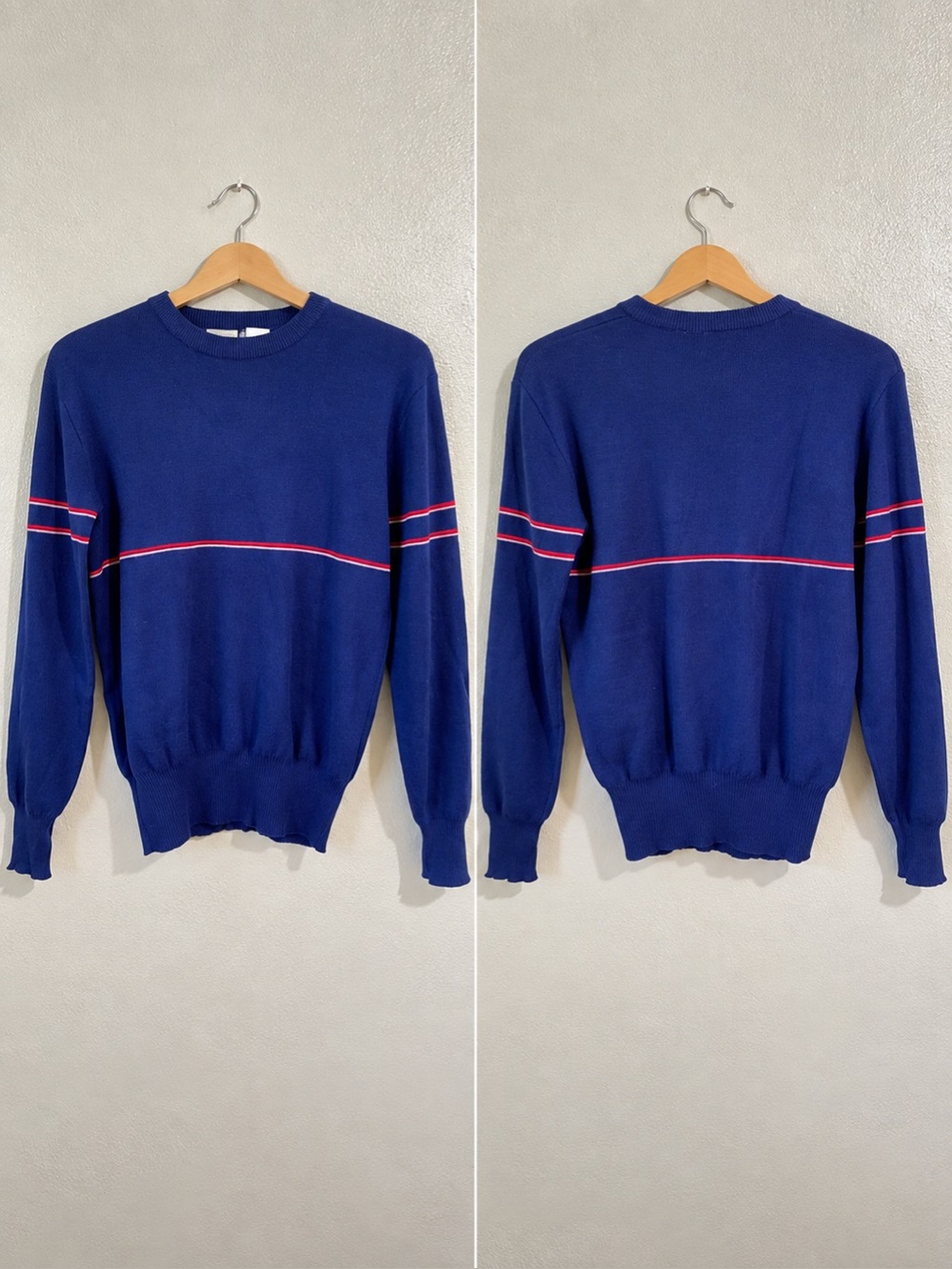 Wool Crewneck Sweater Blue Stripe Layer Large Apres Ski Chalet Alpine Obermeyer